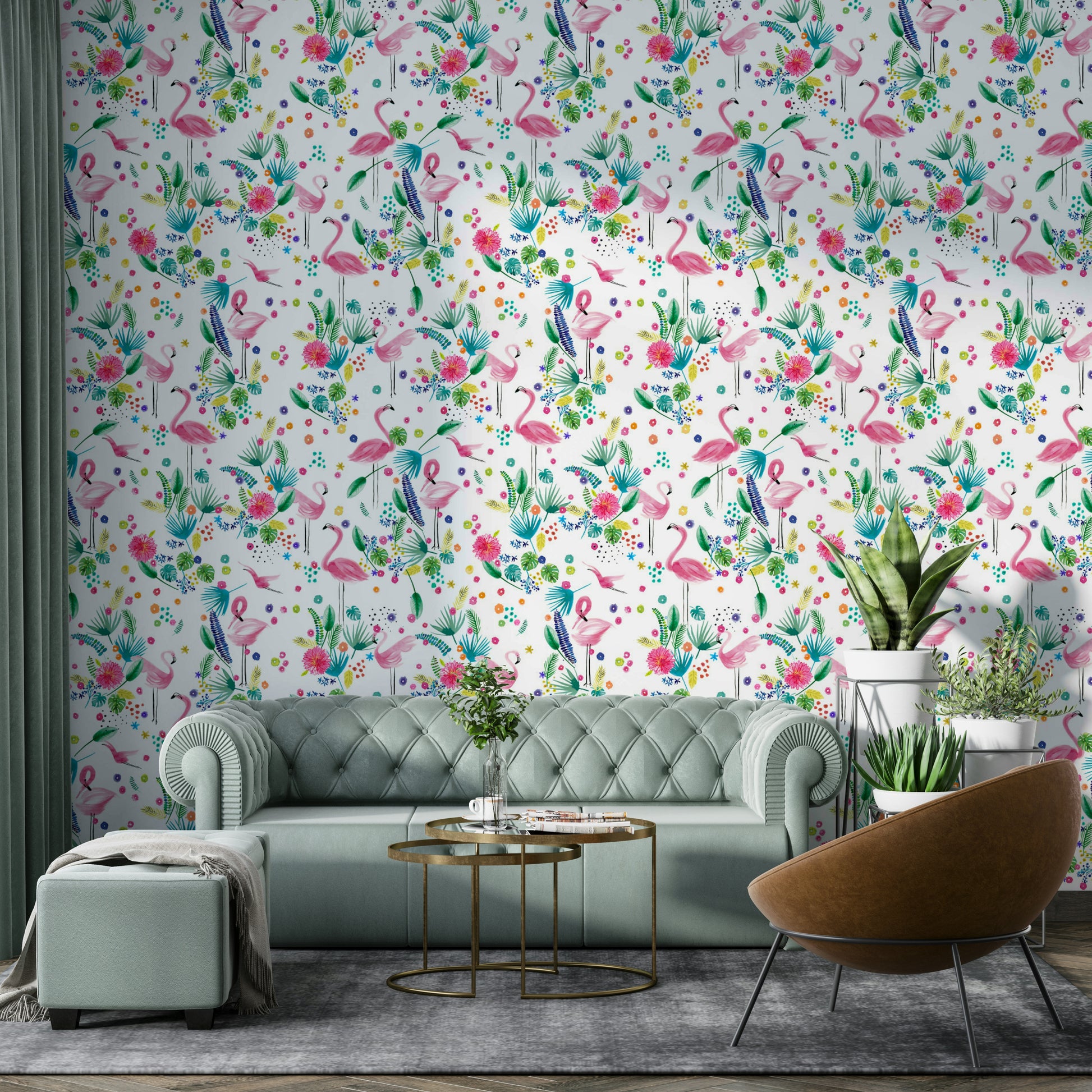 Flamingo wallpaper in soft pink and bold green tones.

