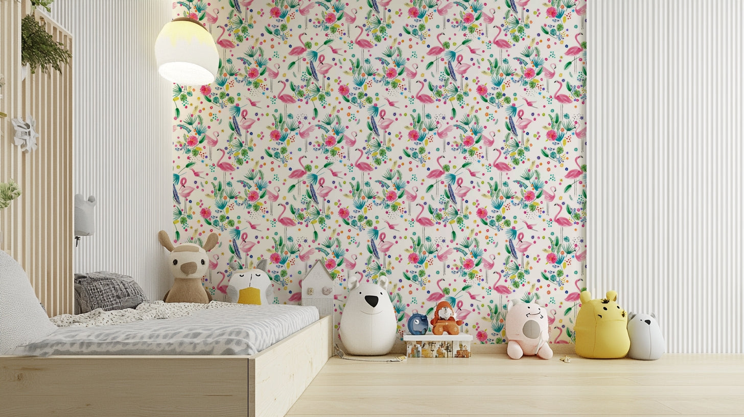 Hand-drawn tropical mural with flamingos and leafy greens.

