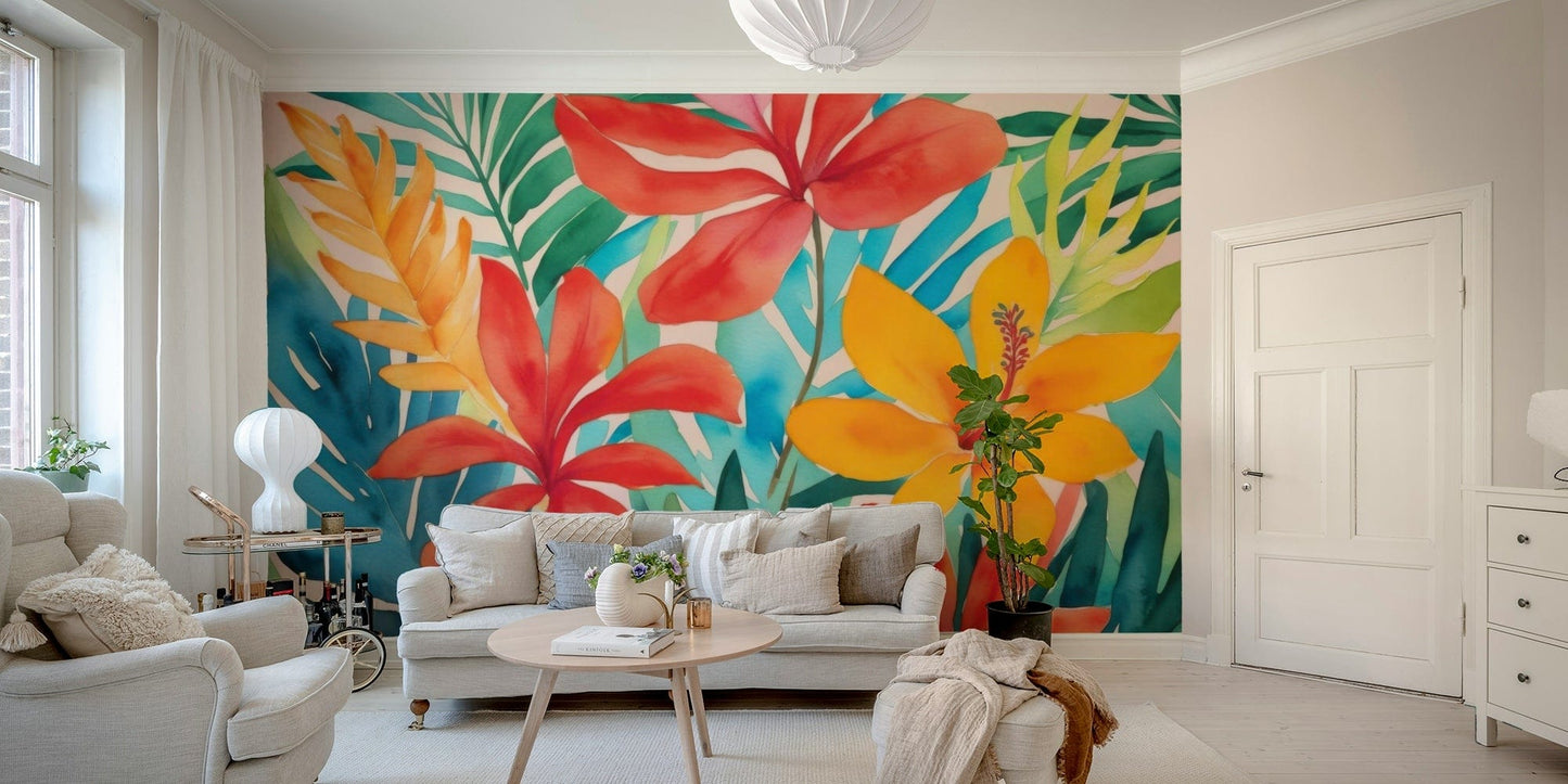 The foliage is lush, with various types of leaves and large, exotic flowers.
