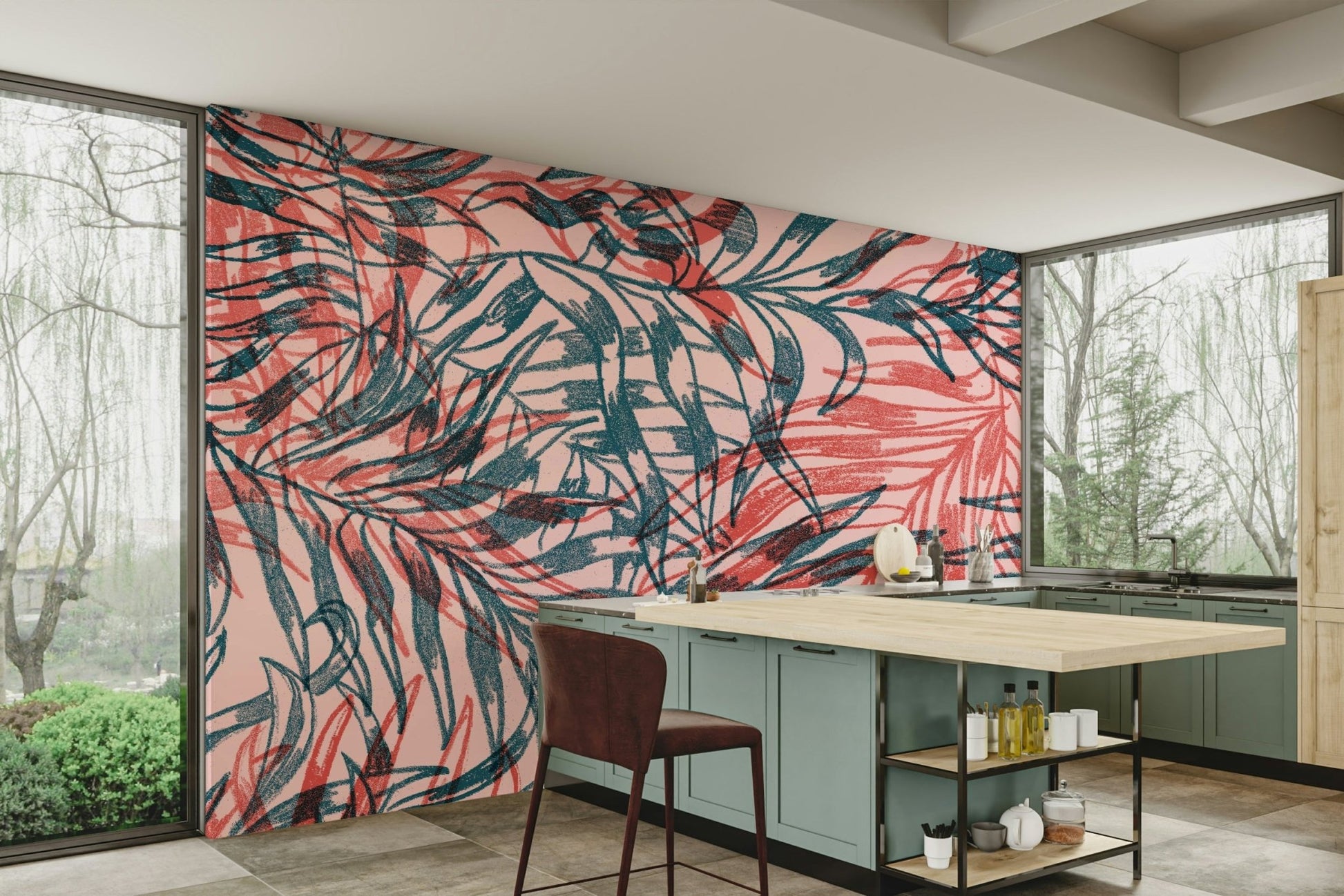 Tropical Foliage in Rouge and Teal Wall Mural

