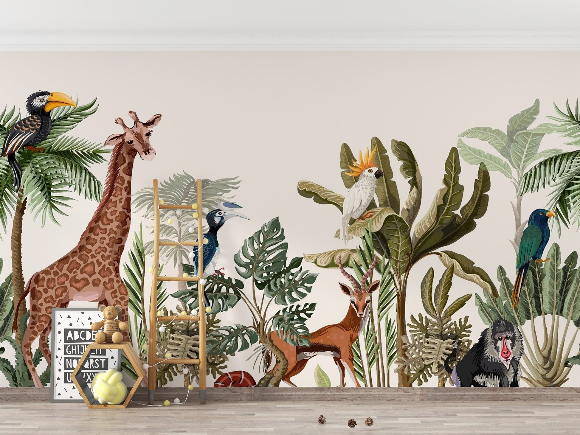 Vibrant Tropical Forest Animal Wall Mural Design