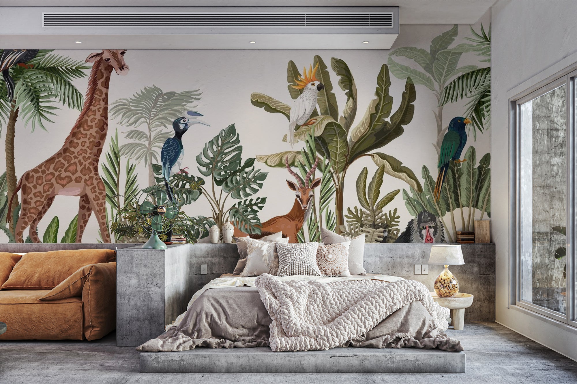 Tropical Forest Animal wallpaper mural shown as a full feature wall that highlights the design