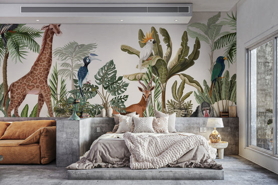 Tropical Forest Animal wallpaper mural shown as a full feature wall that highlights the design
