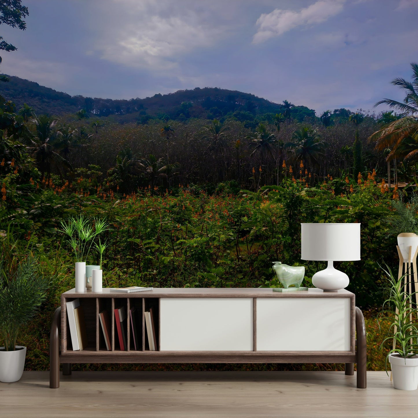 Tropical Canopy with lush red flowers and plants Photography Wall Mural