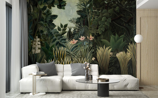 Lush Green Tropical Forest wallpaper mural shown as a full feature wall that highlights the design