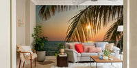 A wall mural of a tropical landscape.

