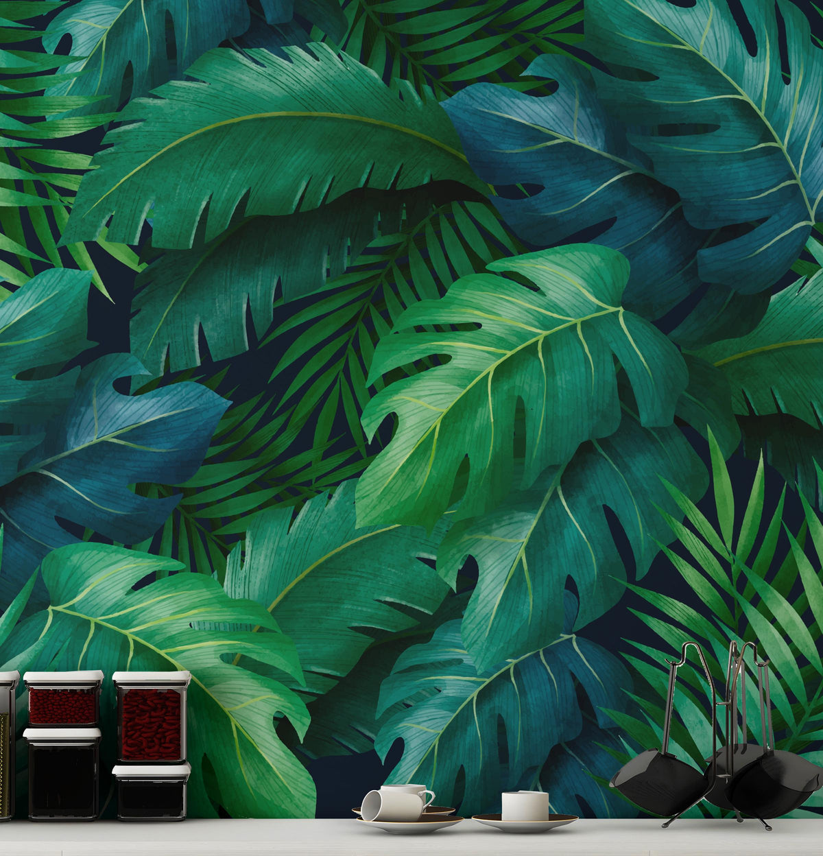 Large Tropical Leaves wallpaper mural shown as a full feature wall that highlights the design