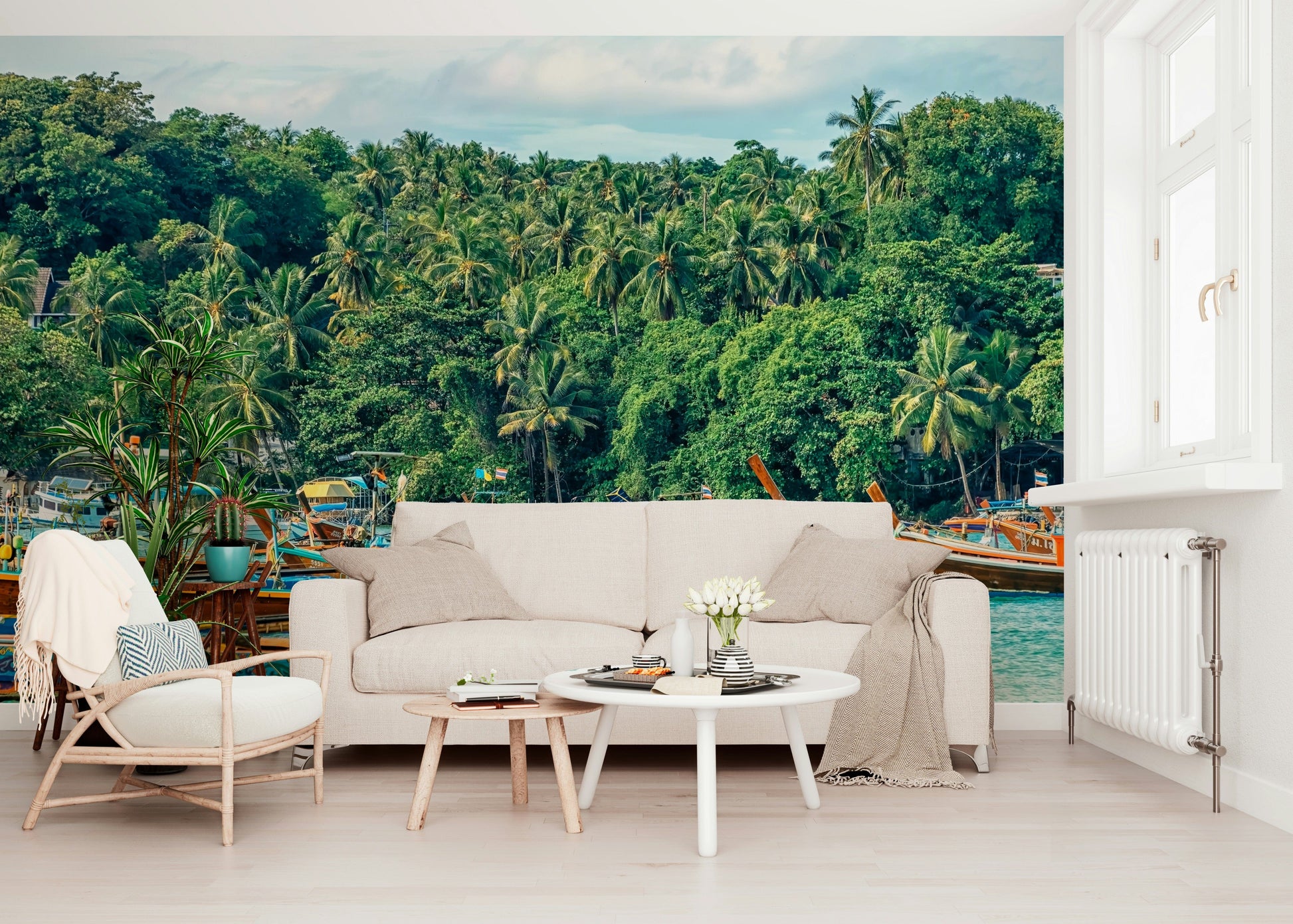 Amsterdam Twilight mural with bridge silhouette, water reflections, and soft tree wallpaper elements