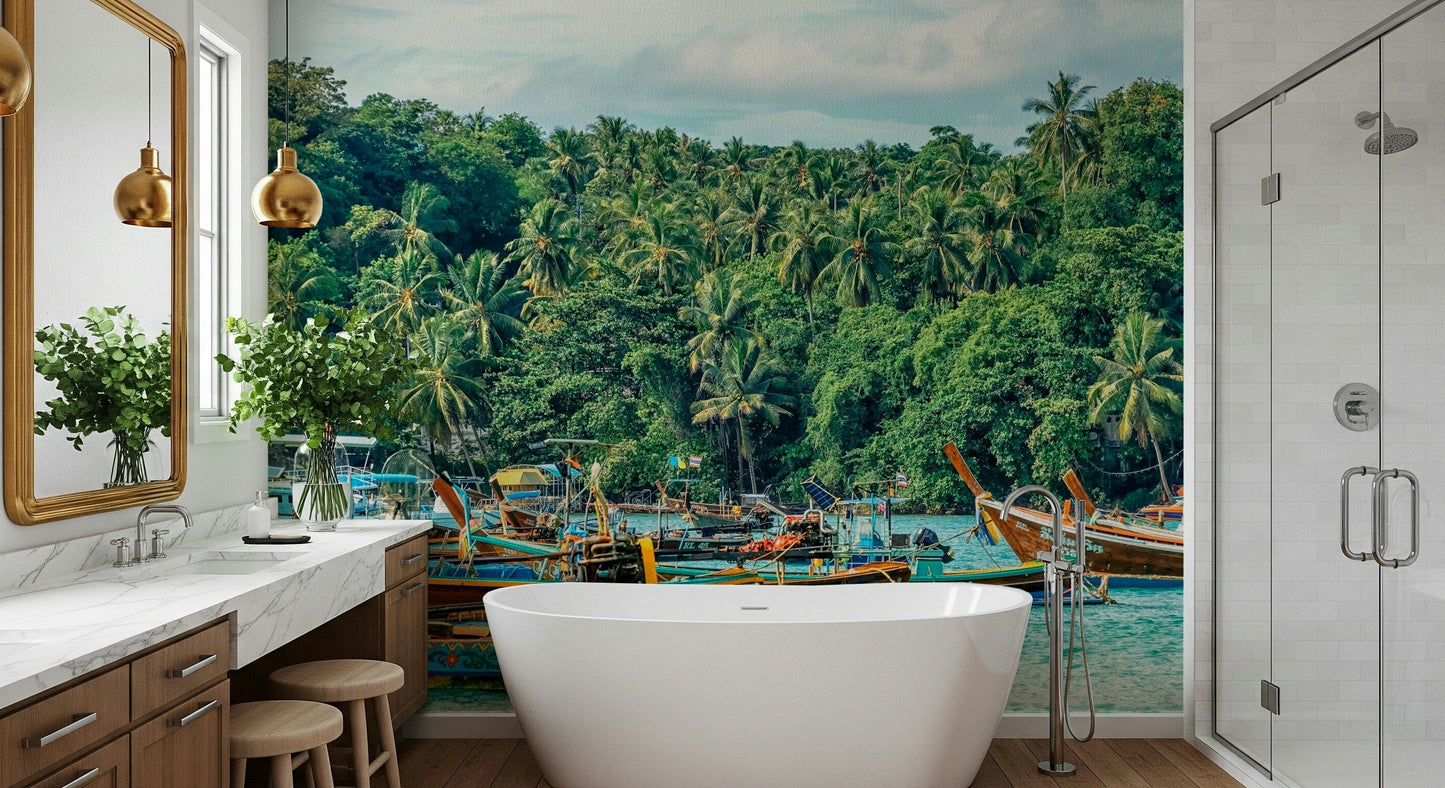 Amsterdam Twilight wall mural, canal view with warm lights and subtle tropical leaf details