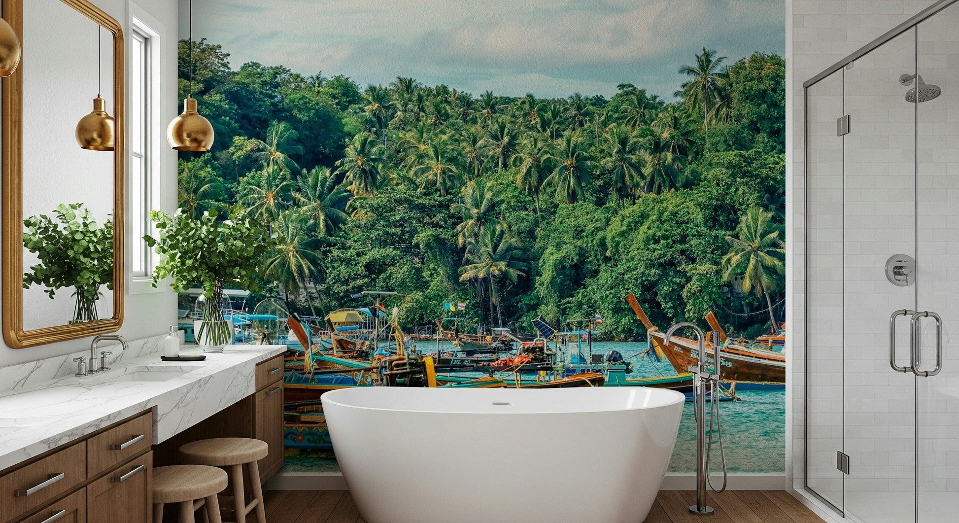 Amsterdam Twilight wall mural, canal view with warm lights and subtle tropical leaf details