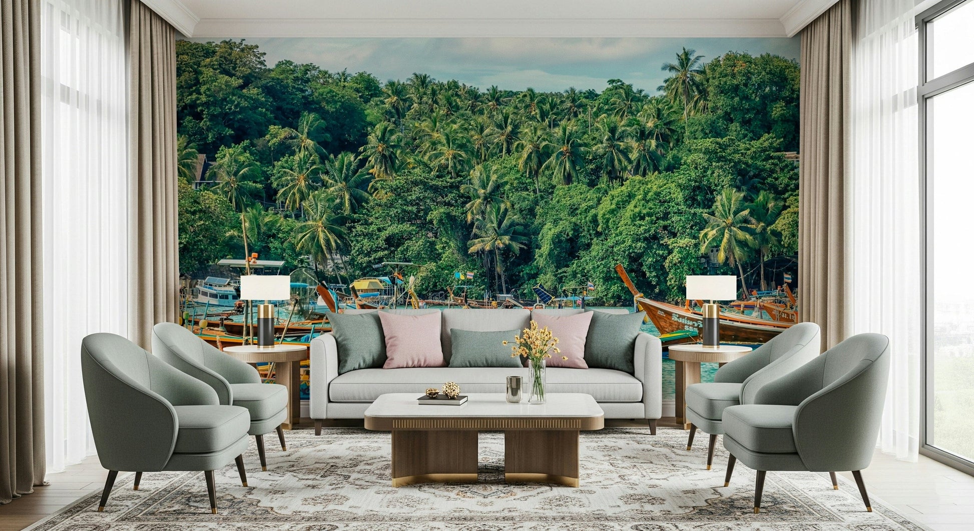 Amsterdam Twilight wall mural, evening skyline over water with nature mood and sea wallpaper colors