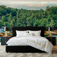 Amsterdam Twilight wall mural with canal lights, nature tones, subtle green wallpaper accents