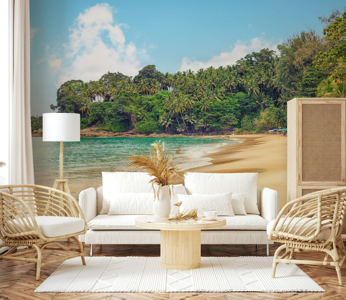 Nature wall mural of quiet beach, palm trees, and soft blue sky clouds