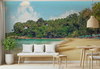 Bedroom wall mural with tropical island scenery and balanced sky cloud wallpaper