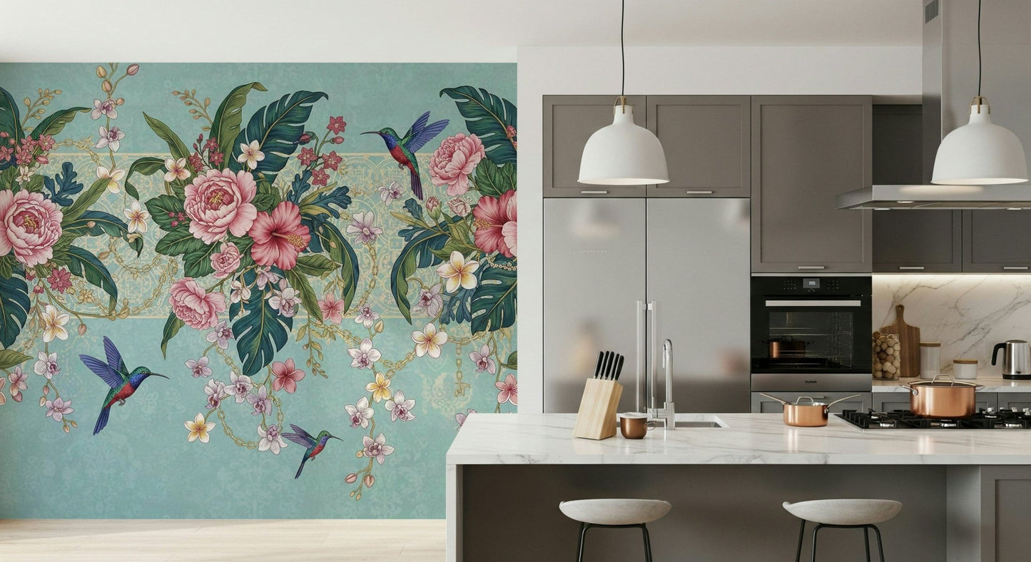 Exotic bird and floral wall mural for a contemporary lounge feature wall.