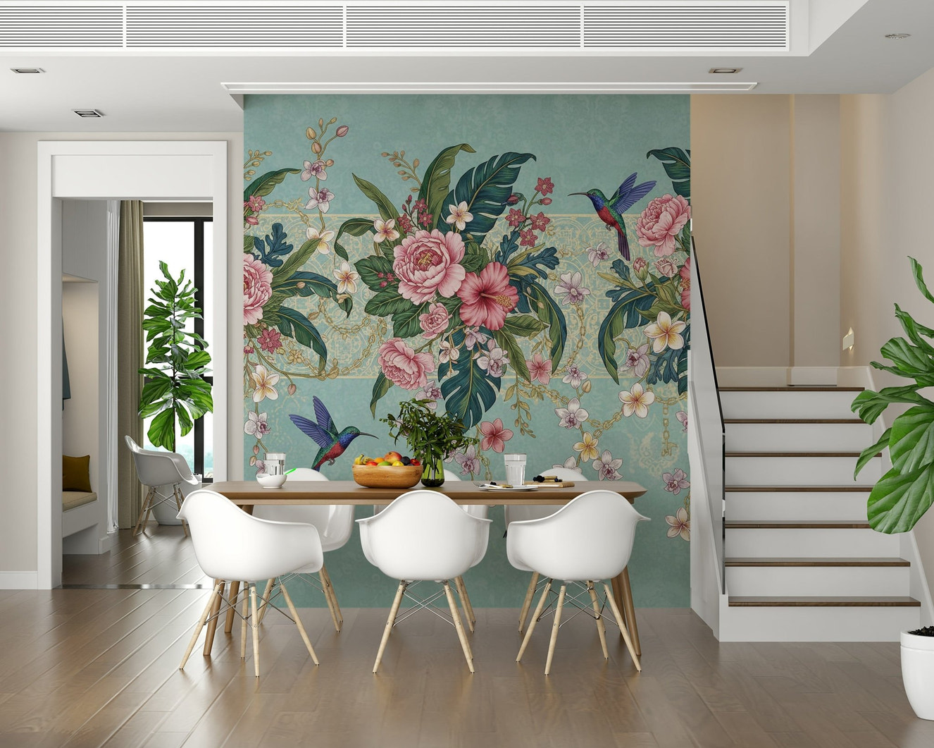 Tropical Hummingbird Bloom Wall Mural in a stylish London flat.