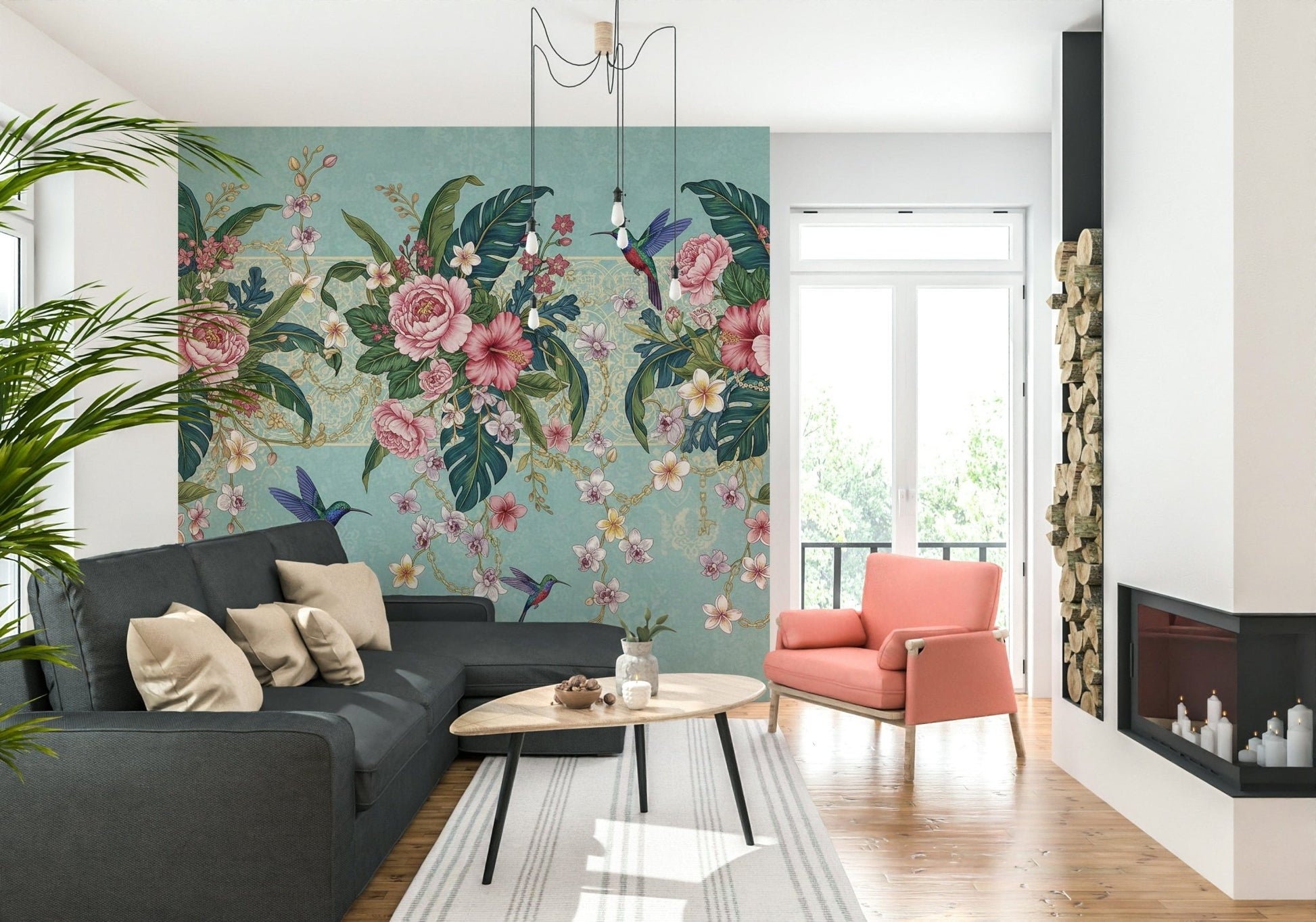 Tropical Hummingbird Bloom Wall Mural in a flat with minimalist furniture.