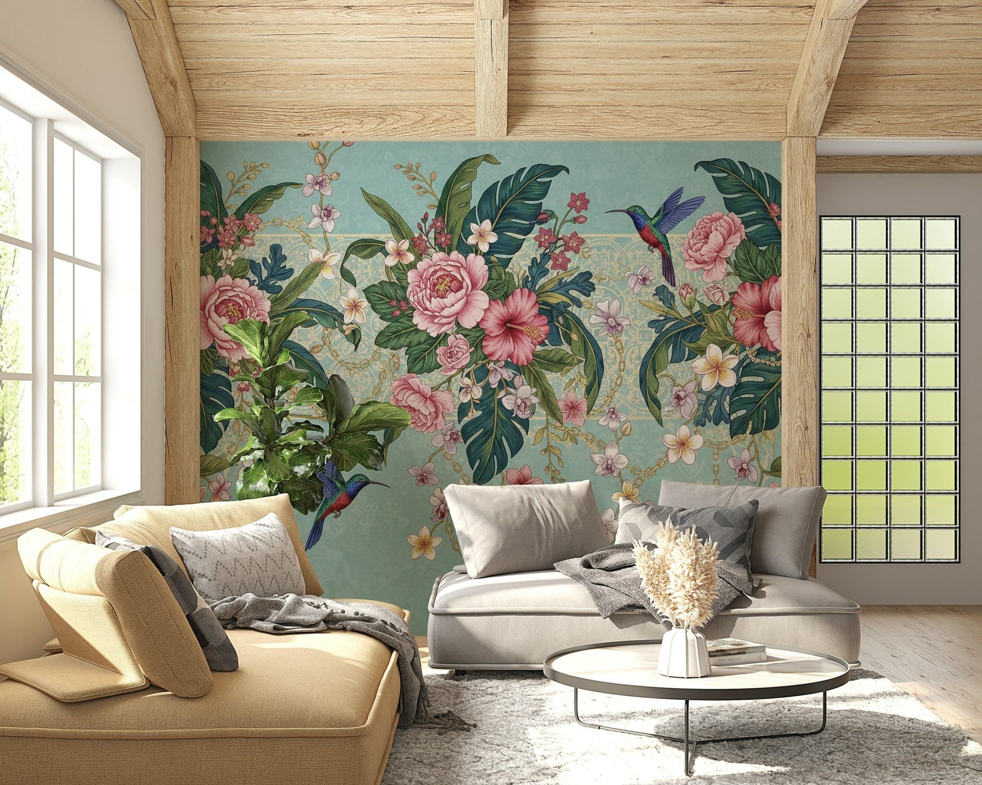 Vibrant botanical home décor featuring hummingbirds and exotic lilies.