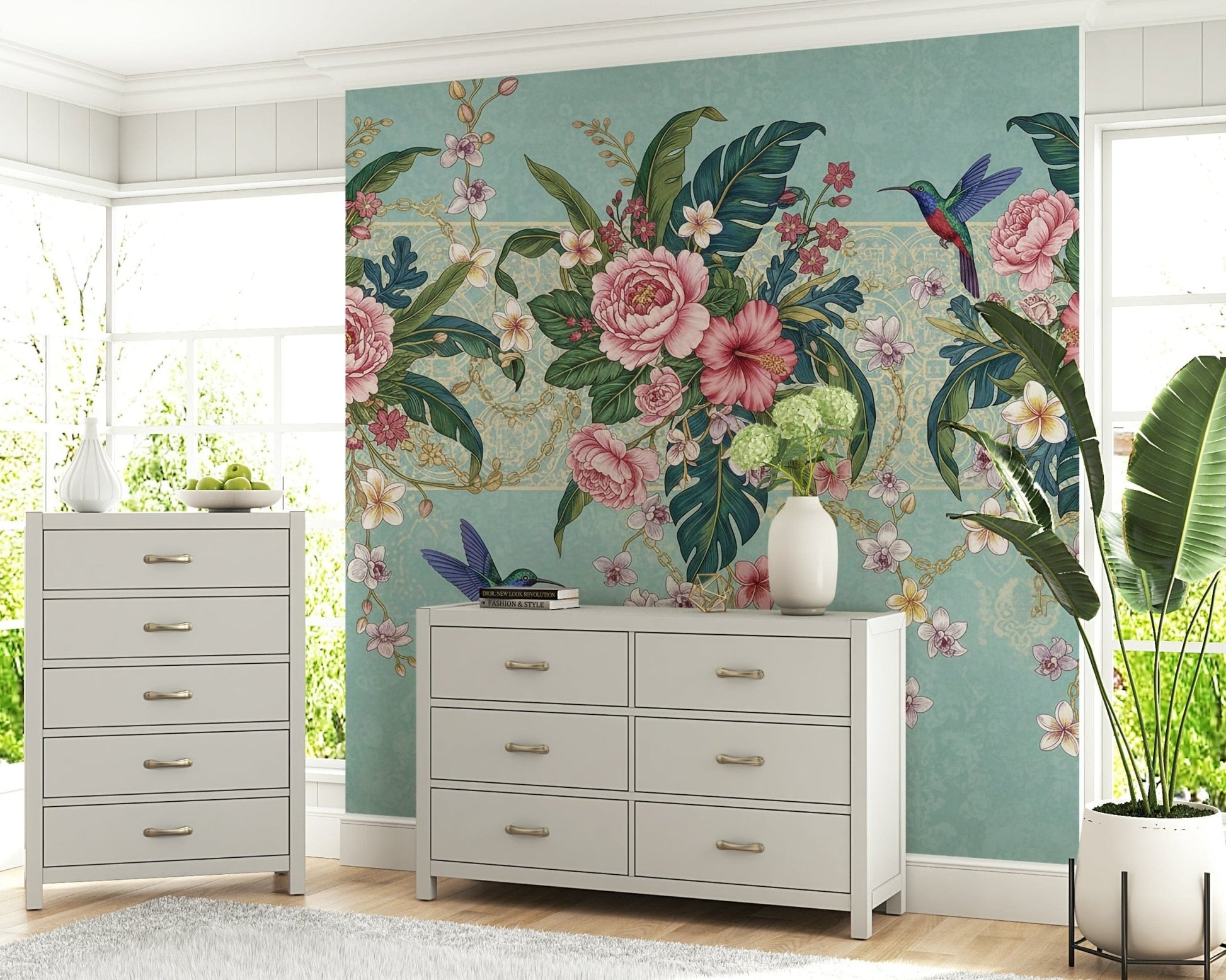 Intricate bird and flower mural for a boutique-style home interior.