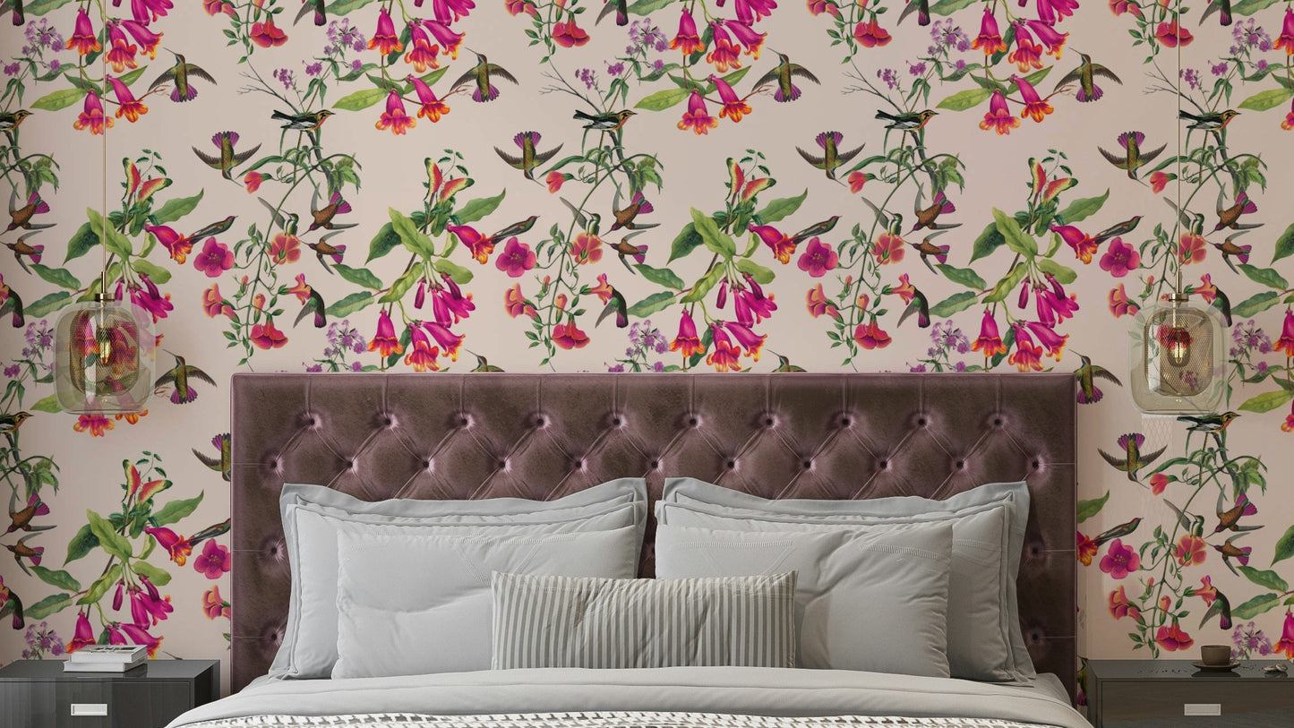 Hummingbird wallpaper with jungle florals

