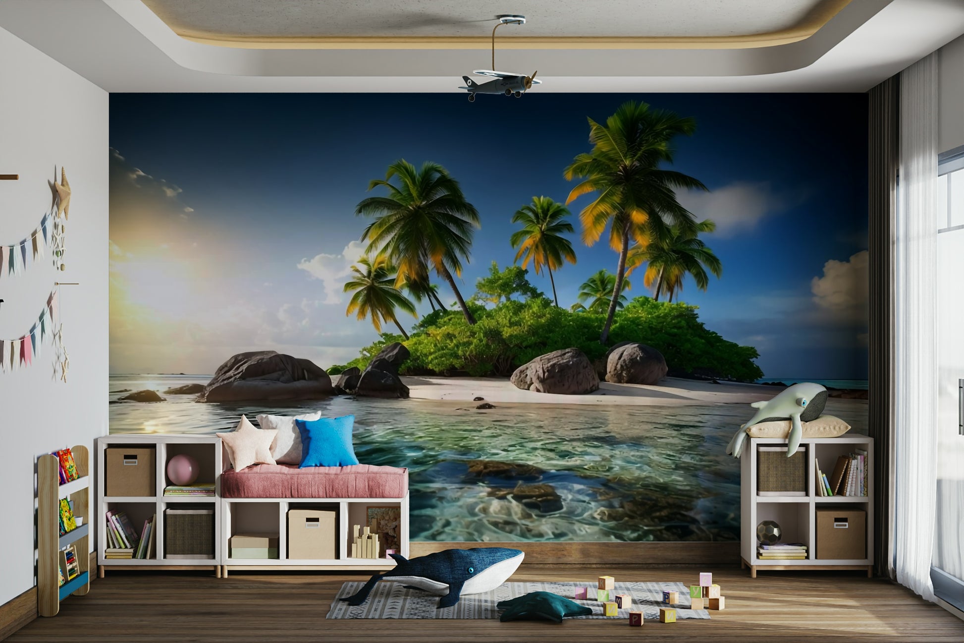 The mural extends across the entire wall, creating a clean backdrop.

