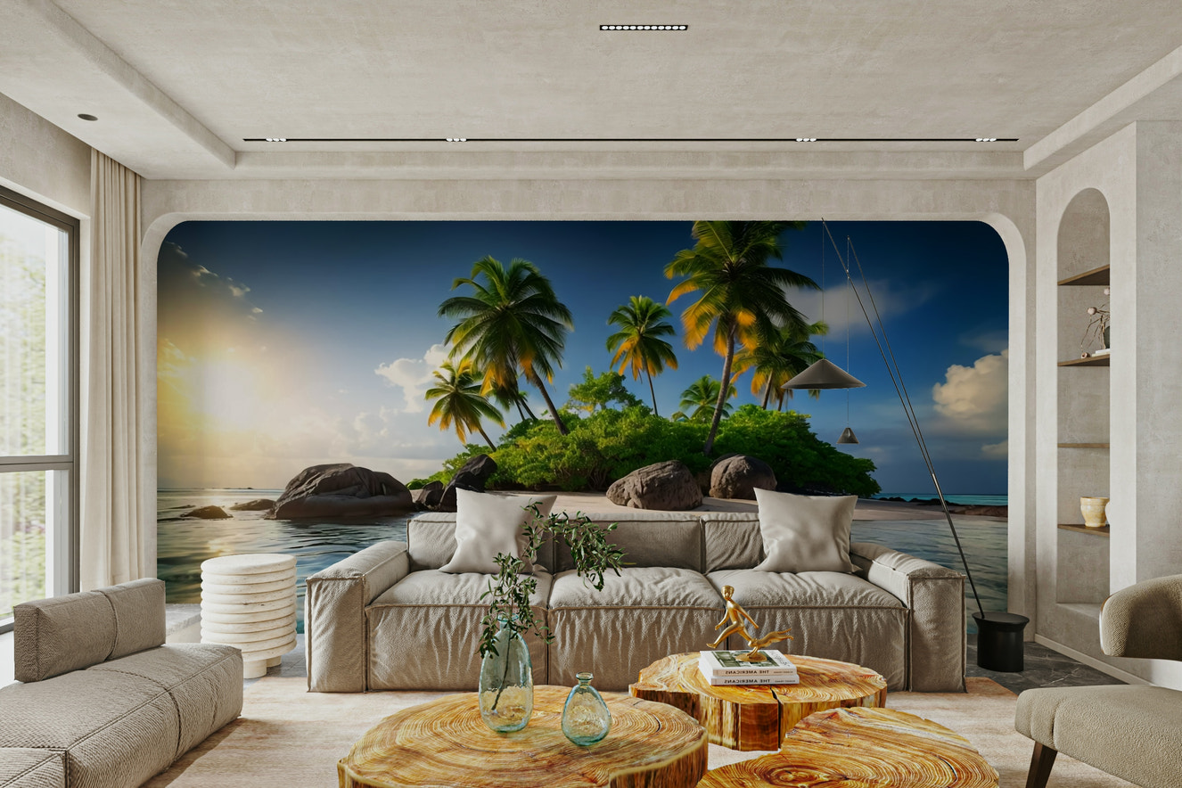 The colors are vibrant and serene, with blue, green, and yellow tones.

