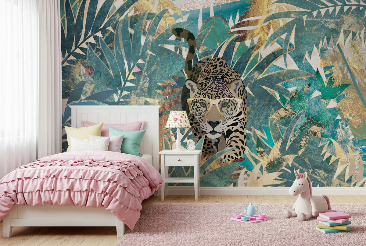 Wild Style wallpaper mural of a jaguar in glasses amid teal jungle leaves in a kids room with pink ruffled bedding