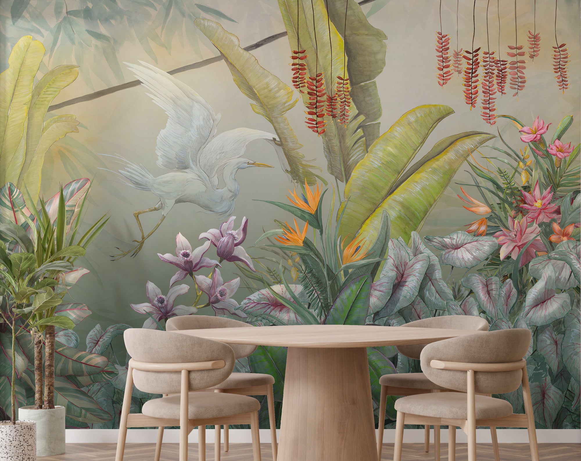Green Plants & Flowers wallpaper mural shown as a full feature wall that highlights the design