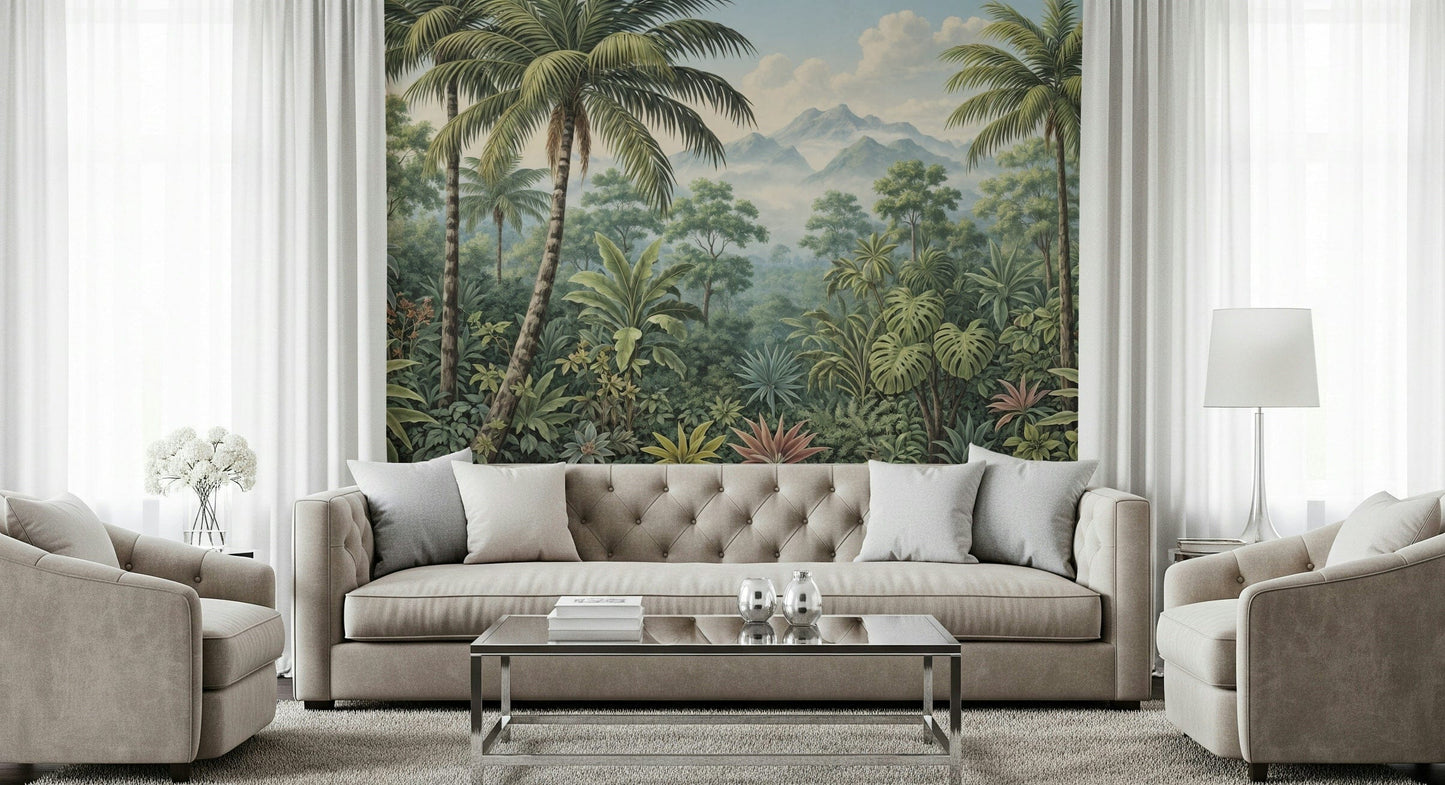 Verdant jungle canopy creates serene atmosphere on wall mural.