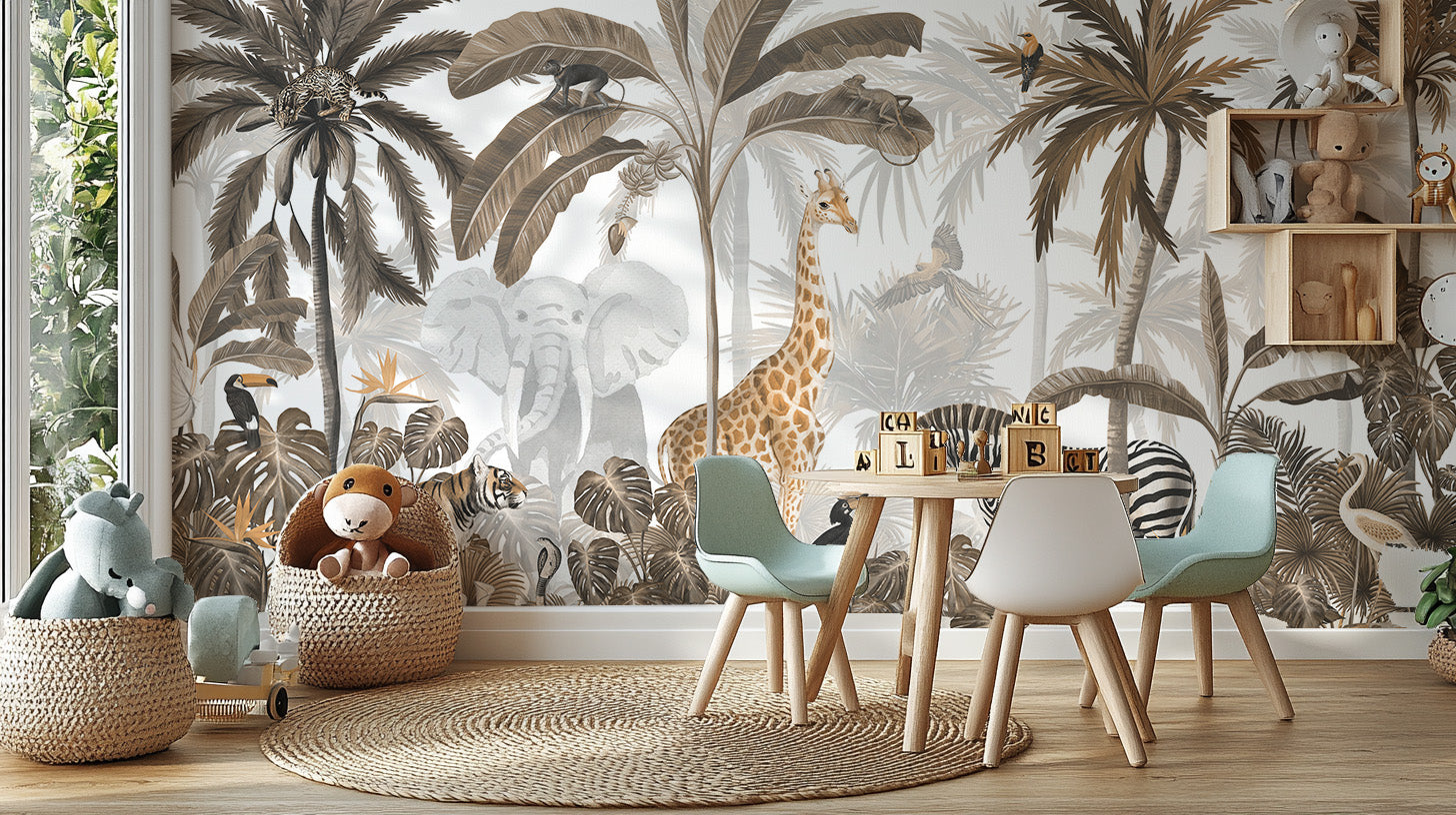 Tropical Jungle Wild Animals Trees Wallpaper Mural - Giffywalls