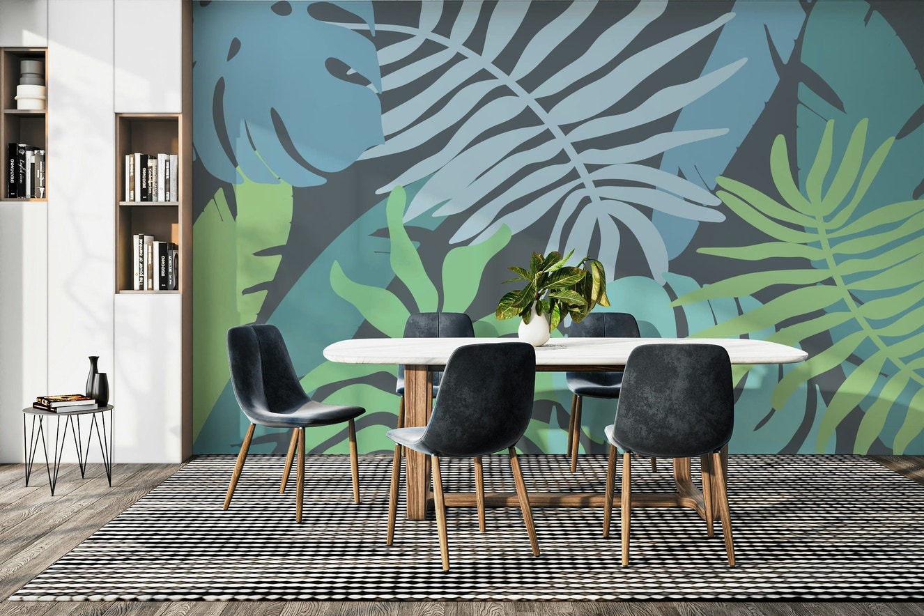 A peaceful open jungle mural on decorative wallpaper.

