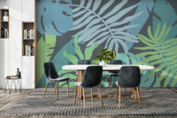 A peaceful open jungle mural on decorative wallpaper.

