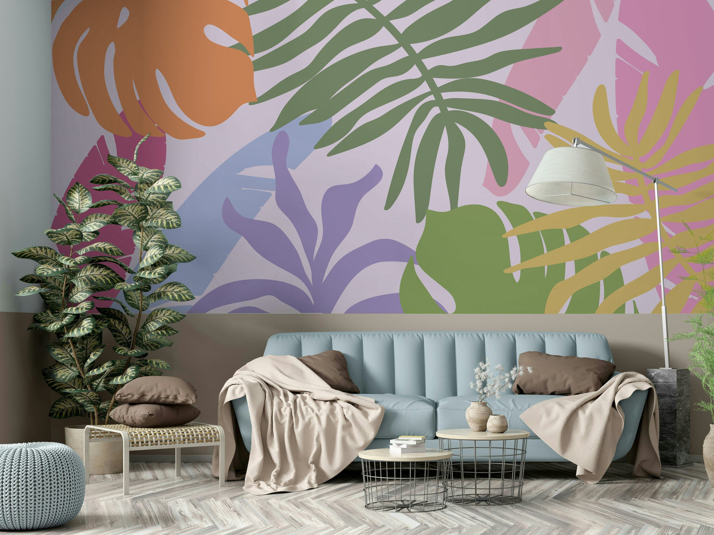 A serene lush jungle wall mural for exotic decor.


