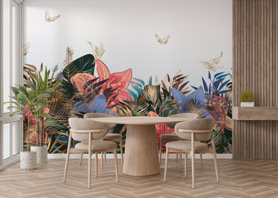 Tropical Leaves Green & Gold wallpaper mural with pink lily and blue foliage behind a round wood dining table in a dining room