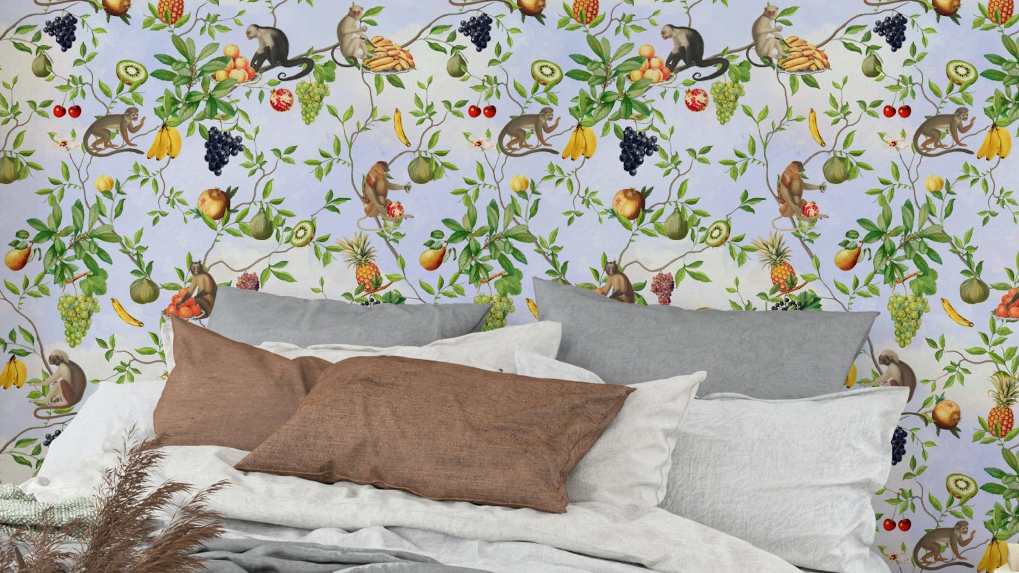 Tropical Monkey Business 1 Wallpaper with playful monkeys and vibrant greenery.

