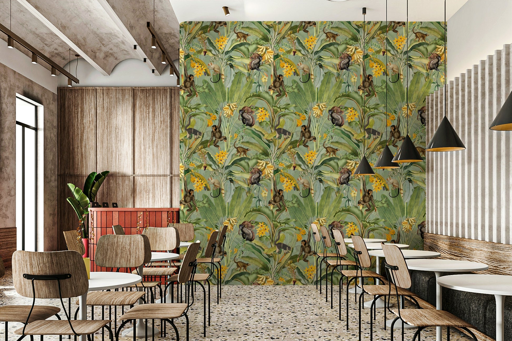 Tropical Monkey Business Wallpaper with playful monkeys and tropical foliage.

