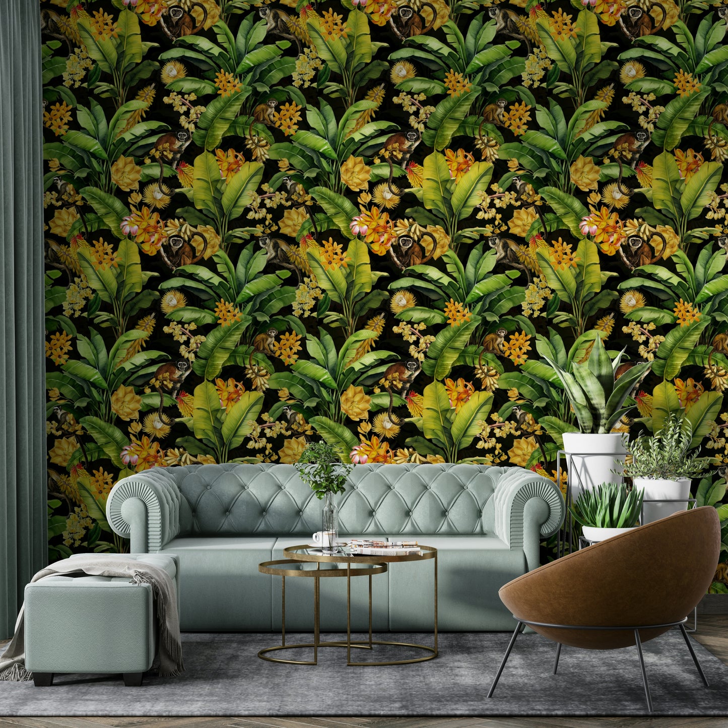 Wallpaper with monkeys, flowers, and large tropical leaves in bold colors.

