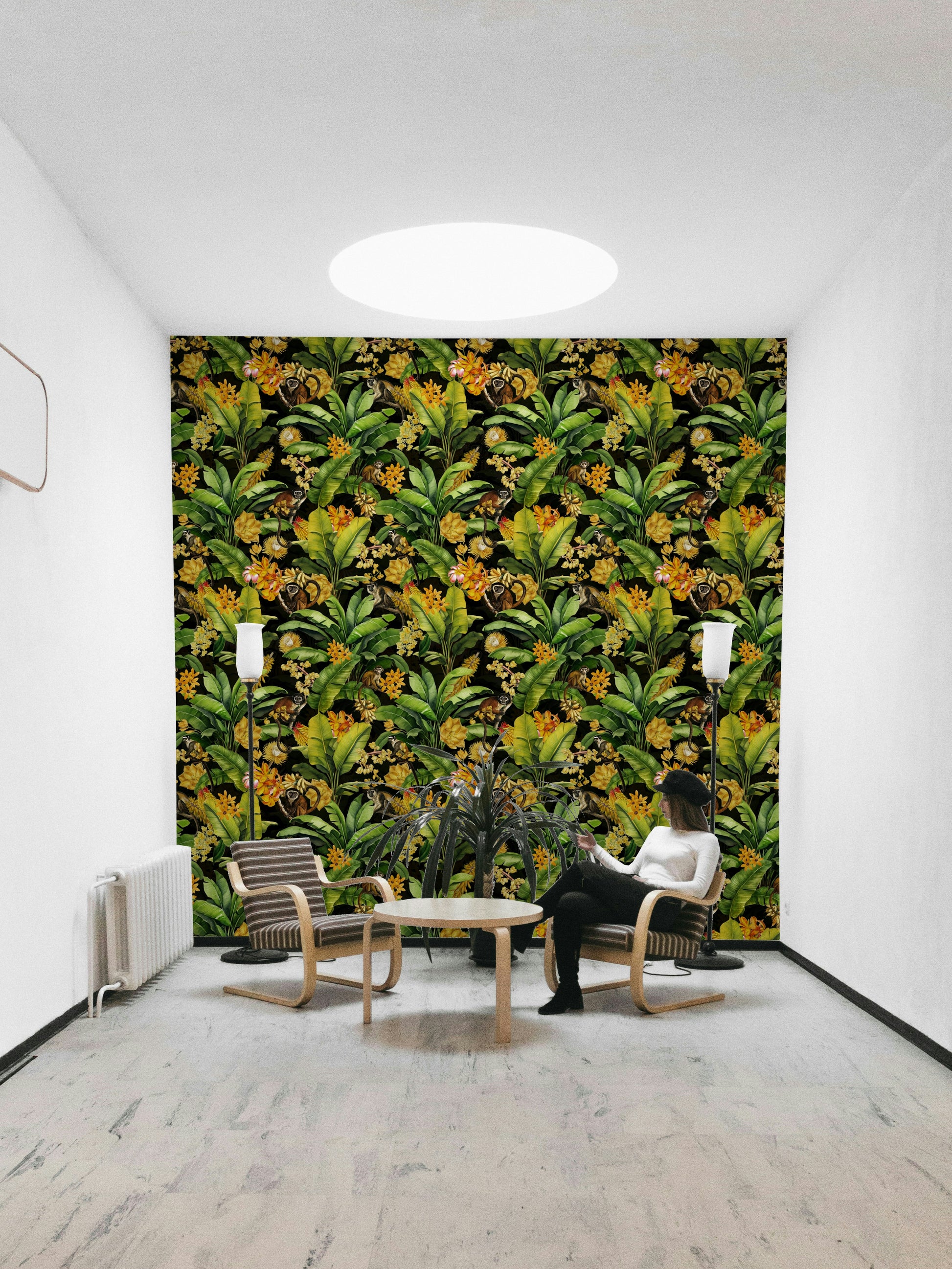 Exotic wallpaper featuring monkeys and vibrant tropical elements.

