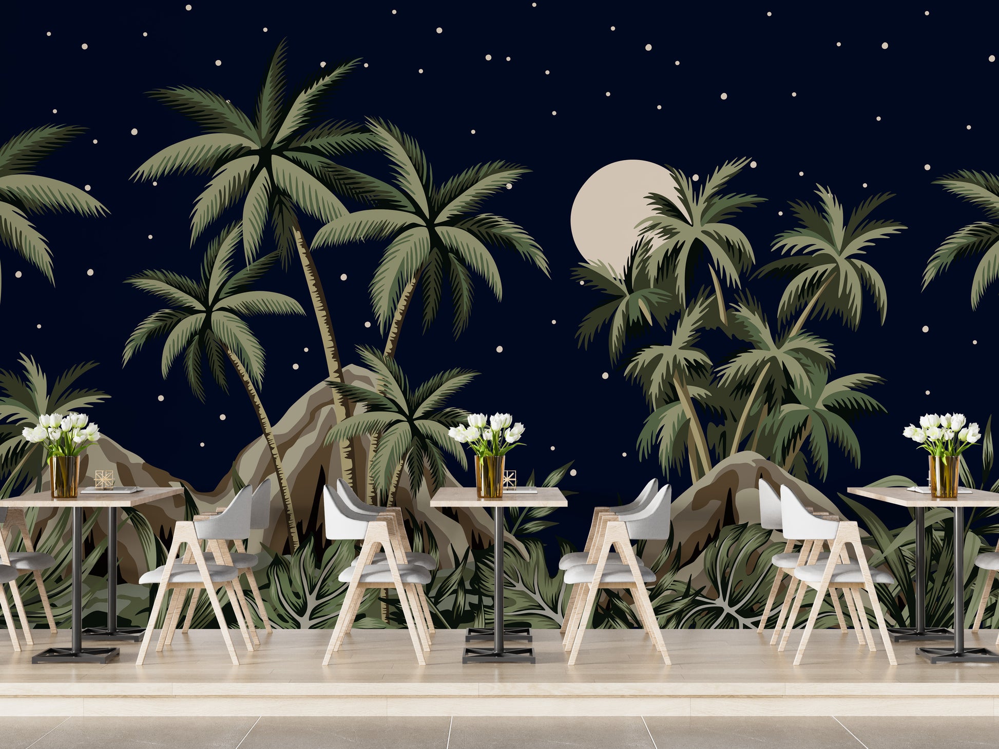 Tropical night sky mural with stars for rooms