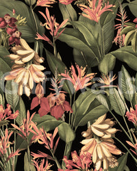 Tropical wall mural with rich foliage and vibrant bursts of color.

