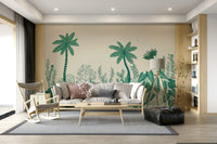 Minimal palm mural in reading nook, calm color contrast