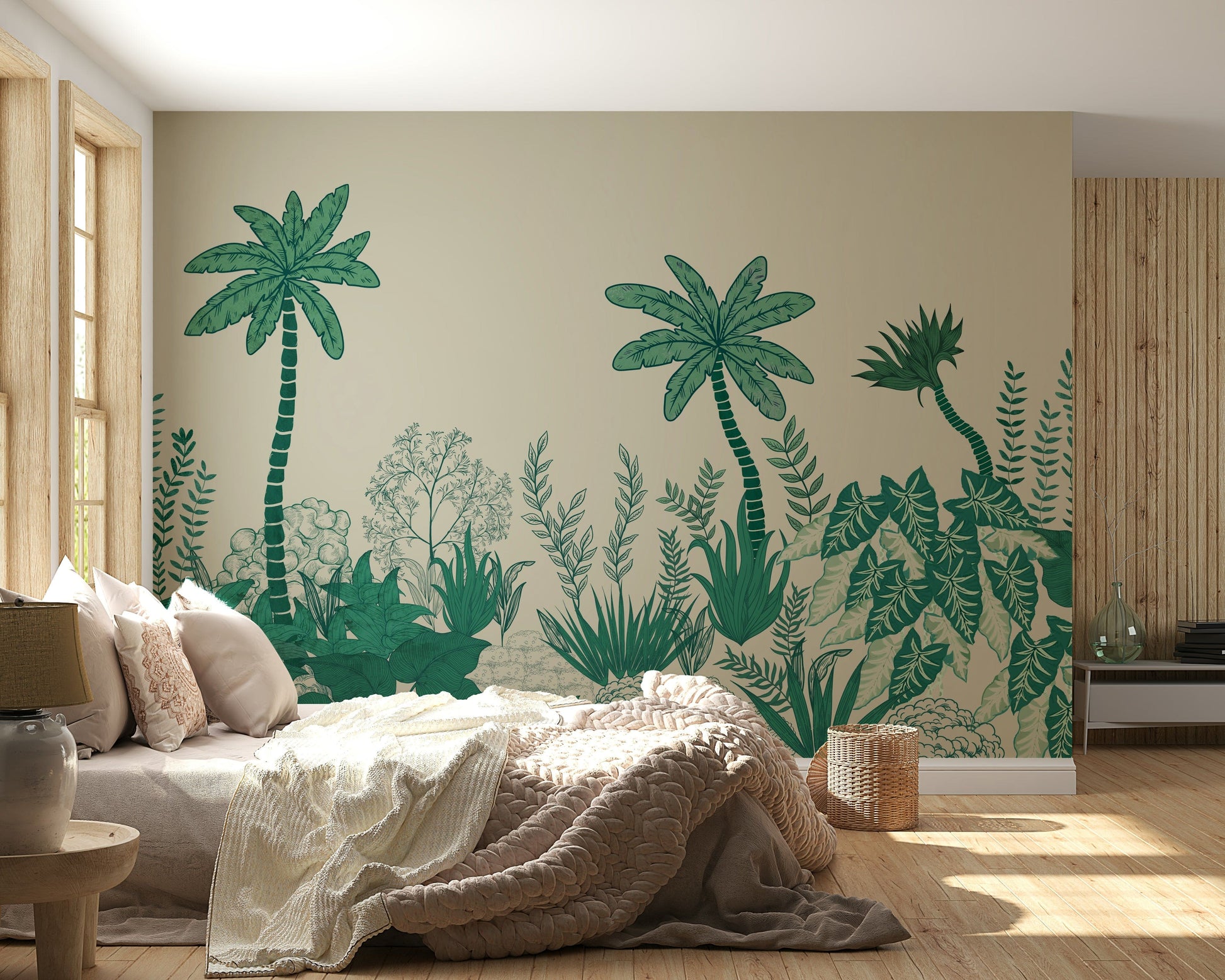 Tropical palm mural in home office, calm modern backdrop