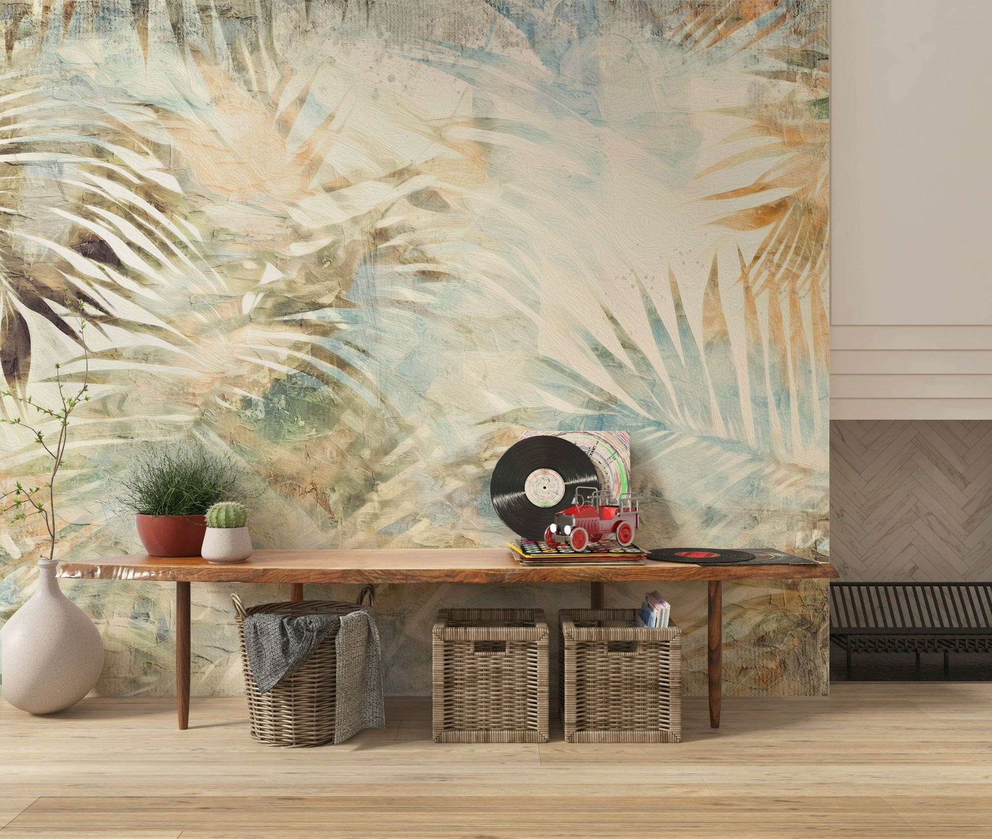 Glimmering Palms wallpaper mural of painterly cream and teal fronds behind a wooden bench with vinyl records in an entryway