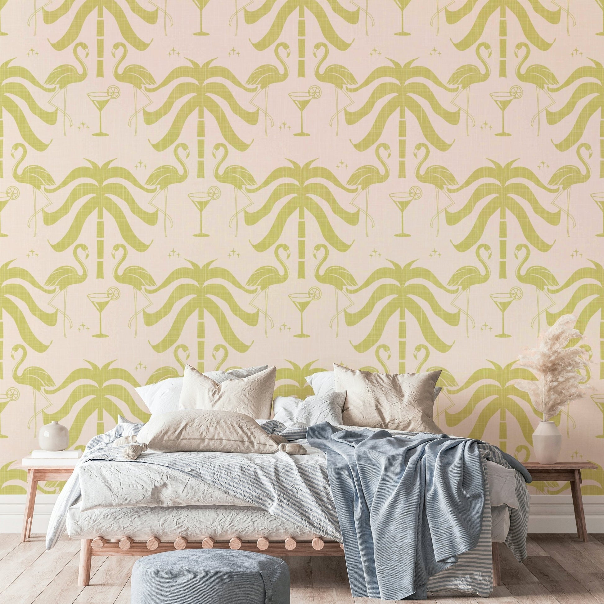 The palm trees and flamingos are a central focus of the image.

