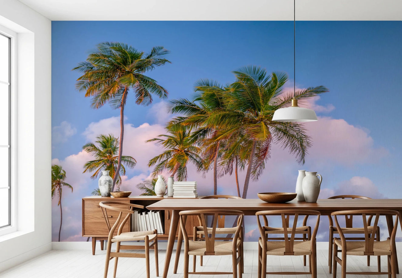 Tropical Palms Evening Wall Mural with tall green trees for dining room.