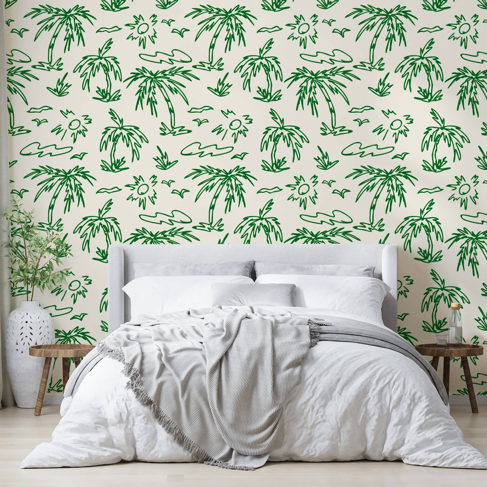 Sunny island-themed wallpaper with green palm drawings.
