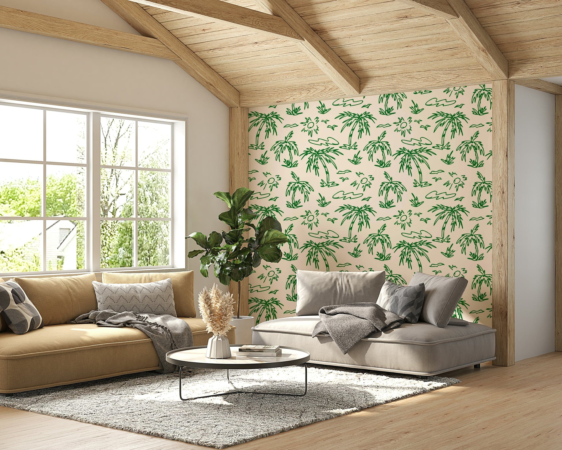 Hand-drawn nature wallpaper with green tropical trees.
