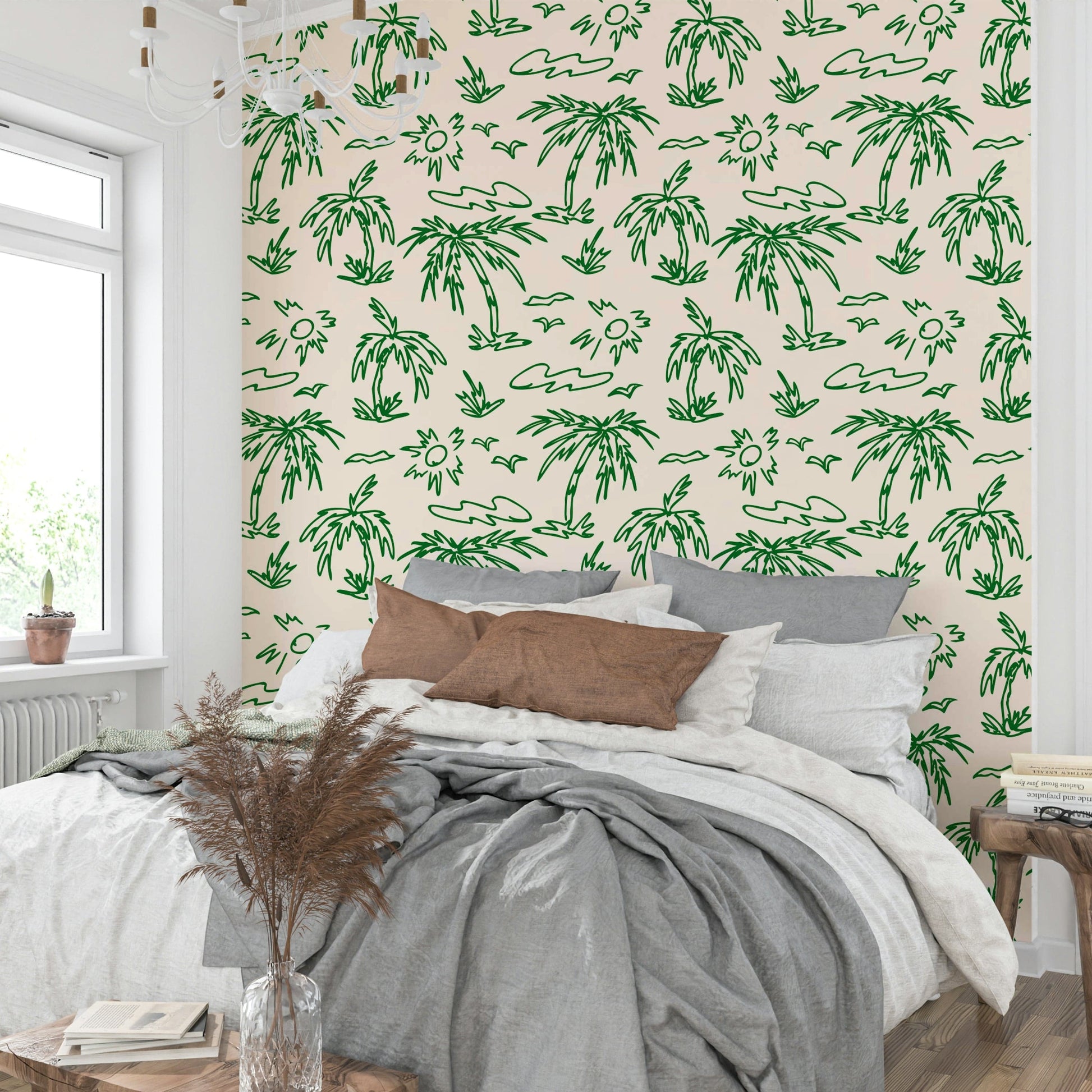 Minimalist green palm wallpaper for a coastal bedroom.
