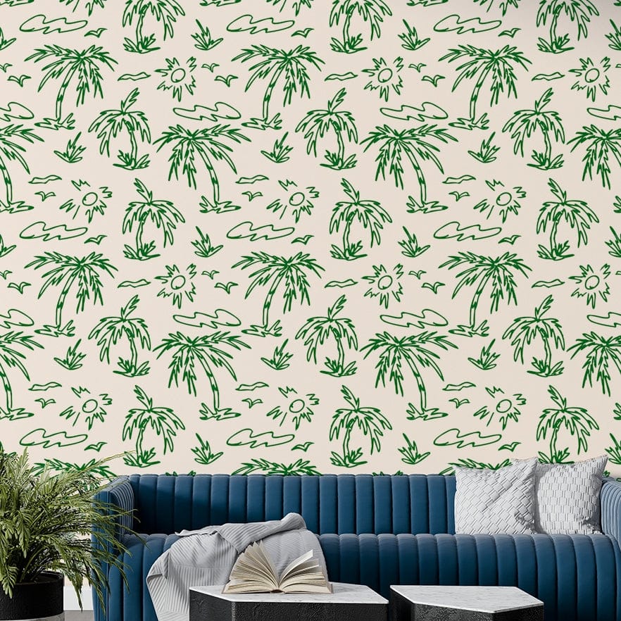 Beachy hand-sketched wallpaper with palms and sunny skies.
