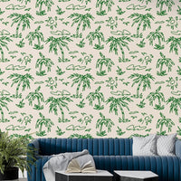 Beachy hand-sketched wallpaper with palms and sunny skies.
